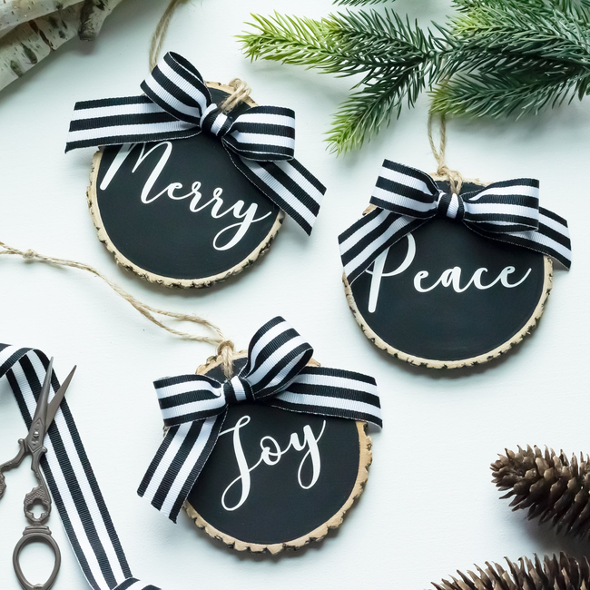 Christmas Ornaments Set Peace Joy Merry | Farmhouse Black White Wood Slices with Ribbon  - Set of 3-gallery-28553428107334