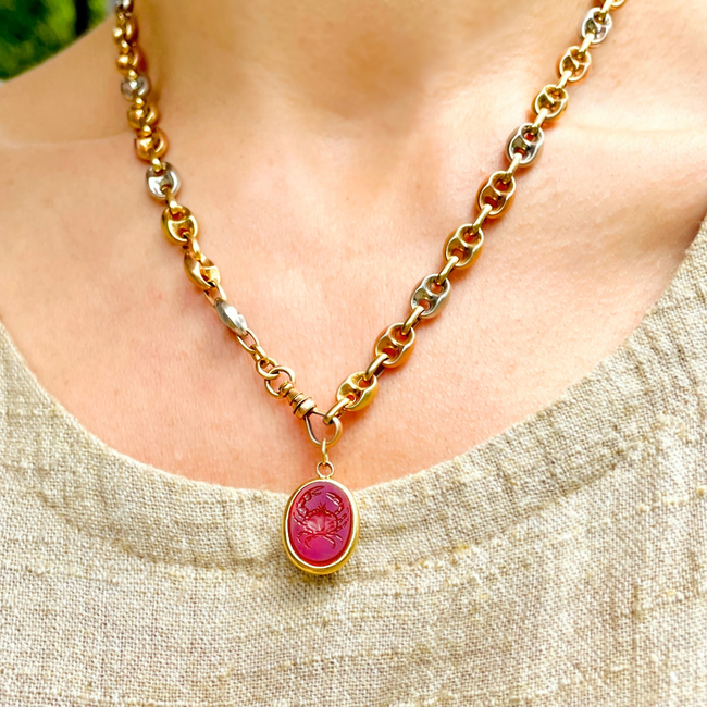 Vintage yellow 18K carved carnelian aquatic animal pebble pendants-gallery-53190134366523