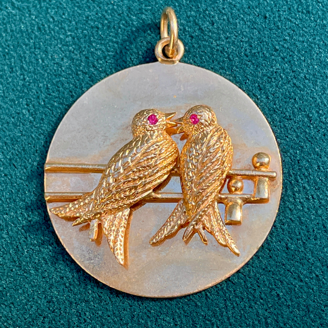 Vintage 14K gold Midcentury Tiffany & Co Lovebirds medallion with rubies-gallery-49155804594491