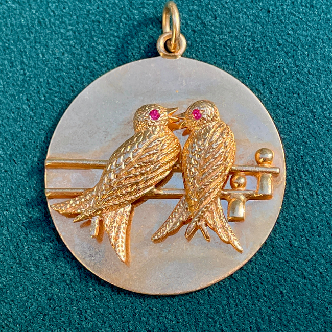 Vintage 14K gold Midcentury Tiffany & Co Lovebirds medallion with rubies-gallery-49155804594491