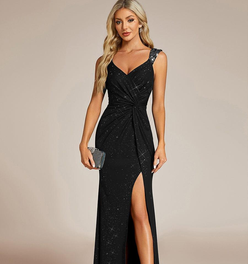 ever NOIRE|Glitter V-Neck High Slit Sequin Shoulder Strap Evening Dress