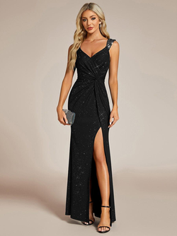 ever NOIRE|Glitter V-Neck High Slit Sequin Shoulder Strap Evening Dress