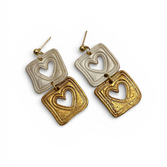 Gold & White Hearts dangling earrings-gallery-45114514178306