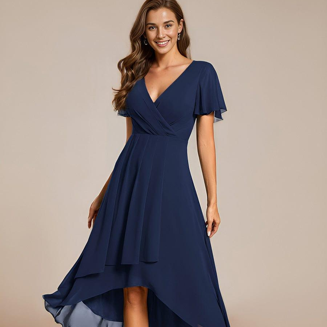 ever LARK|Ruffles Sleeve Pleated V-Neck A-Line Midi Chiffon Wedding Guest Dress-gallery-31451644461130