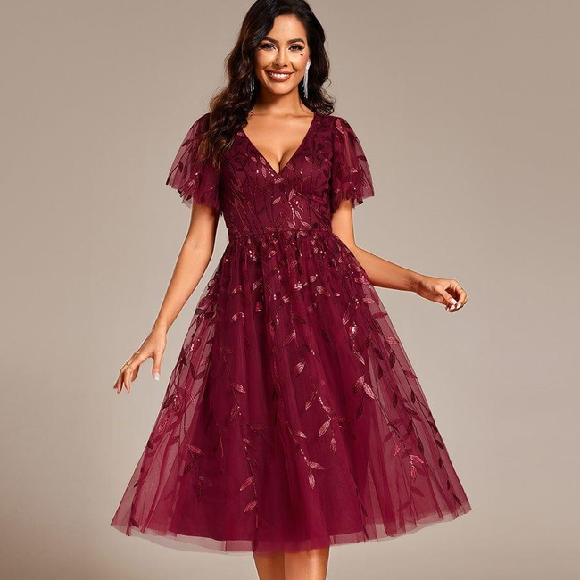 ever SIMONE|Short Sleeves Leaf Sequin A-Line Midi Formal Wedding Guest Dress-gallery-31760598990922