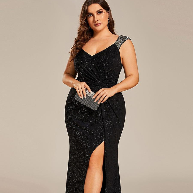 pretty NOIRE|Plus Size Glitter V-Neck High Slit Sequin Shoulder Strap Evening Dress-gallery-32647844790346