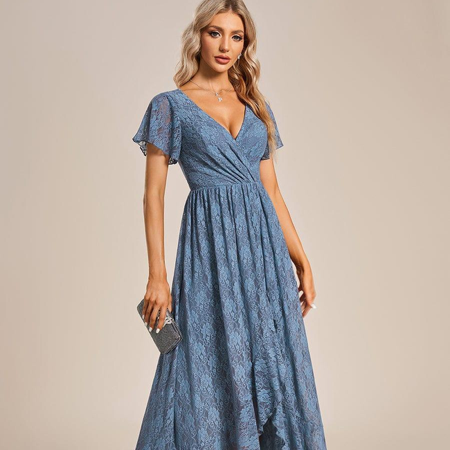 ever ELISE|Pleated V-Neck Short Sleeve Ruffled Lace Wedding Guest Dress-gallery-30176363053130