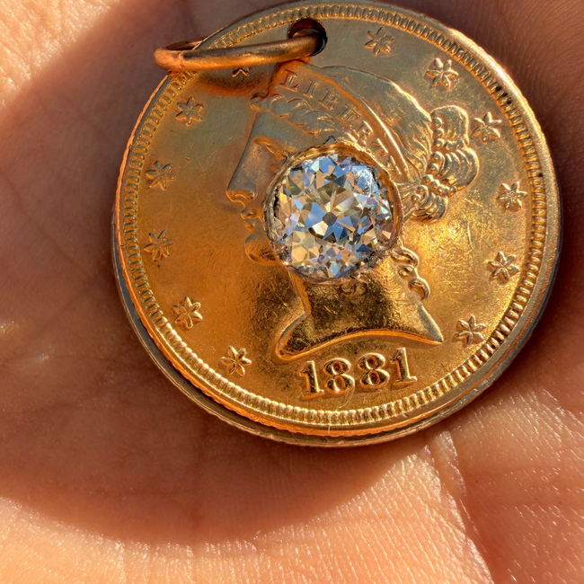 Antique yellow 21K gold 1881 $5 US Liberty coin with approx 1.1 ctw old mine cut diamond pendant-gallery-57135714369851