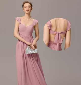 ever ELARA|Back-Tie Pleated Ruffles Sleeves Maxi Bridesmaid Dress