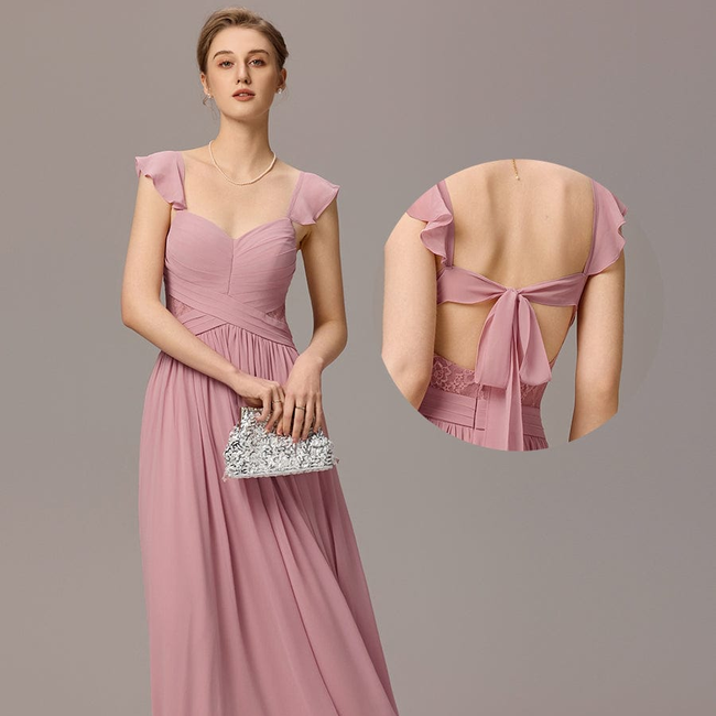 ever ELARA|Back-Tie Pleated Ruffles Sleeves Maxi Bridesmaid Dress-gallery-33310888788042