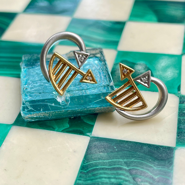 Estate Platinum, 18K and diamond arrow motif post earrings-gallery-47441303994683