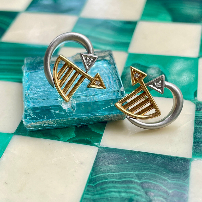 Estate Platinum, 18K and diamond arrow motif post earrings-gallery-47441303994683