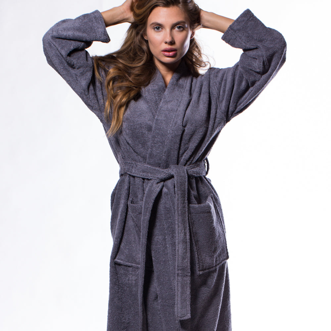 100% Turkish Cotton Gray Terry Kimono Bathrobe-gallery-46194514493699