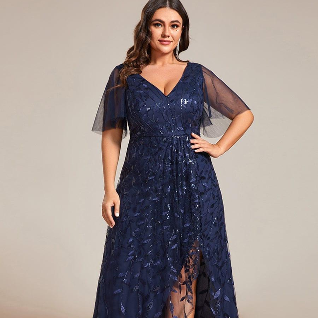 pretty ALIX|Plus Size Short Sleeves Sequin High Low V-Neck Midi Formal Evening Dress-gallery-30613786984522