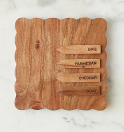 Square Scalloped Cheese Board with Cheese Markers, Small, Natural