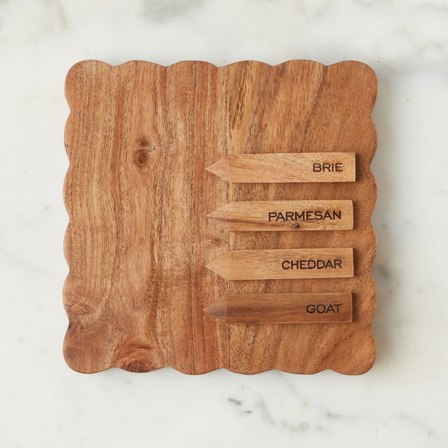 Square Scalloped Cheese Board with Cheese Markers, Small, Natural-gallery-48543719162049
