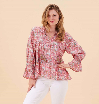 Kiara Pink Cotton Blouse with Ruffle Sleeves