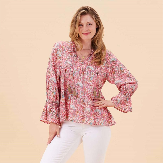 Kiara Pink Cotton Blouse with Ruffle Sleeves-gallery-32767294636119