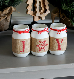 Christmas Table Centerpiece | Painted Mason Jar Set JOY | Double Sided - White Red Home Decor