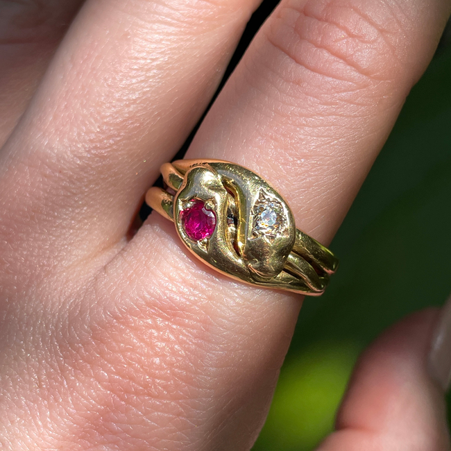 Antique Victorian yellow 18K pair of snakes ring with .25 ctw old mine cut diamond and .35 ctw ruby,-gallery-56085146599739