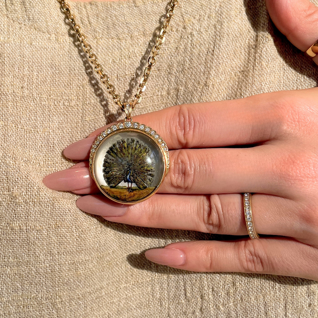 Amazing antique 18K reverse painted Peacock crystal with .7 ctw diamond crescent-gallery-49155972202811