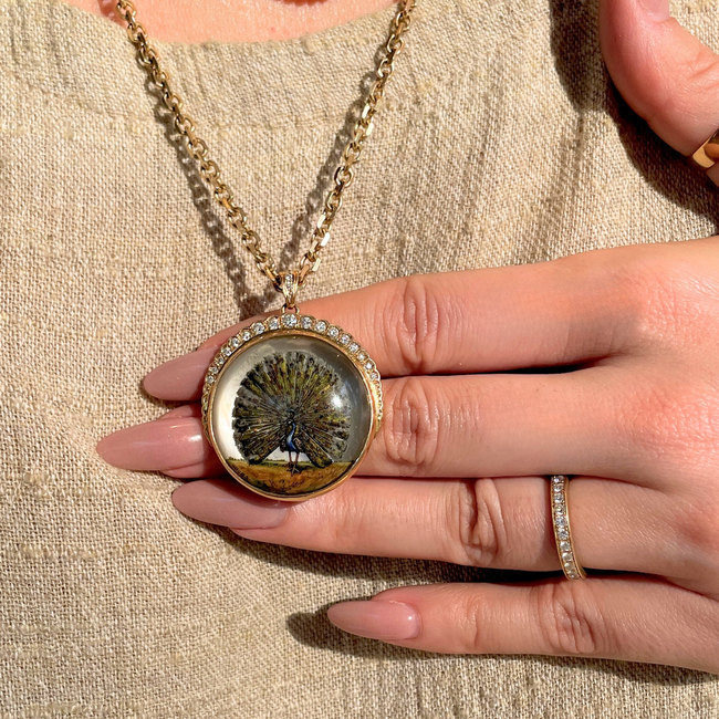 Amazing antique 18K reverse painted Peacock crystal with .7 ctw diamond crescent-gallery-49155972202811