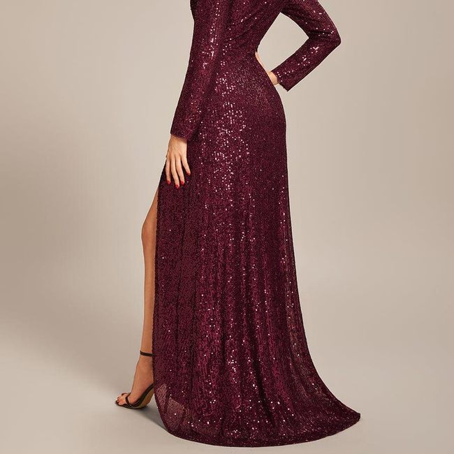 ever SYREN|Sequin Long Sleeve V-neck Asymmetrical Hem Evening Dress-gallery-29791624790090