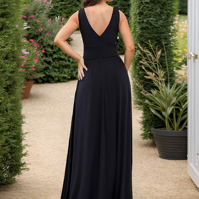 ever SORAYA|Sleeveless V-Neck Empire Waist High Slit Floor-Length Evening Dress-gallery-30593274806346