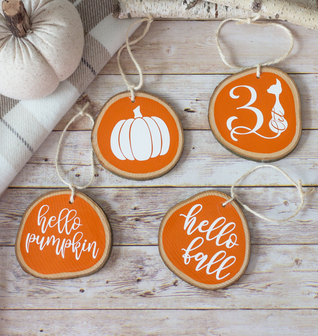 Fall Decor Ornaments Set of 4 - Tiered Tray Decor Halloween Fall Thanksgiving - Orange White Wood Sl