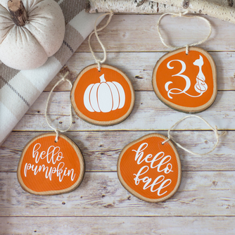 Fall Decor Ornaments Set of 4 - Tiered Tray Decor Halloween Fall Thanksgiving - Orange White Wood Sl