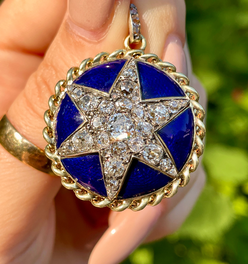Antique yellow 14K approx over 4 ctw old mine cut and rose cut diamond blue enamel star statement pe