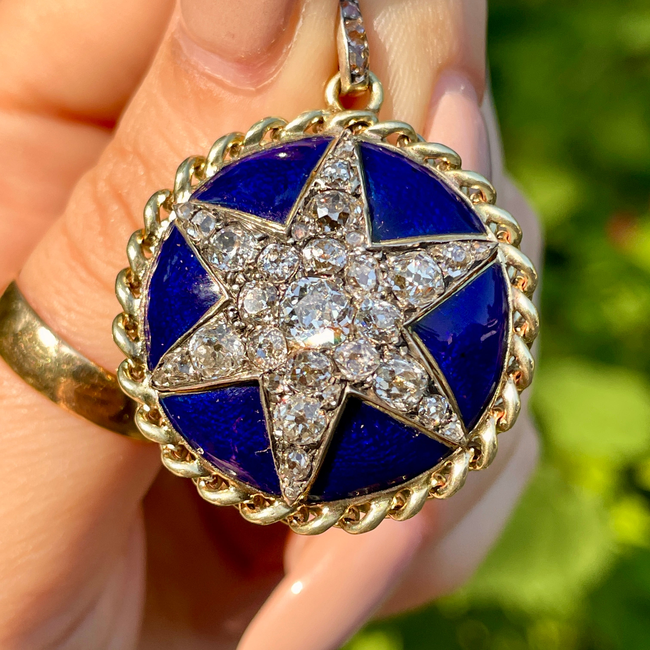 Antique yellow 14K approx over 4 ctw old mine cut and rose cut diamond blue enamel star statement pe-gallery-56086940123451