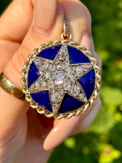 Antique yellow 14K approx over 4 ctw old mine cut and rose cut diamond blue enamel star statement pe