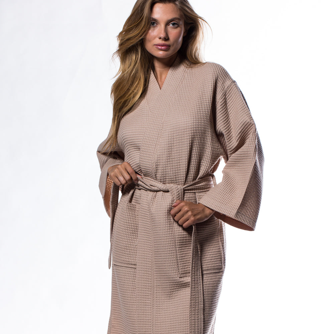 Waffle Kimono Taupe Long Robe Square Pattern-gallery-46194468421891