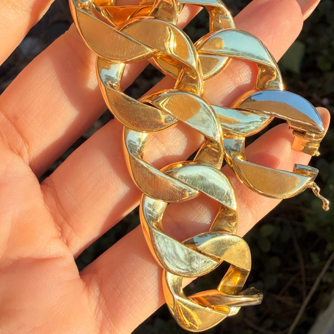 Vintage yellow 18K solid wide curb bracelet with continuous clasp, 8 inch (fits like 7.25 inch)-gallery-57096847851835