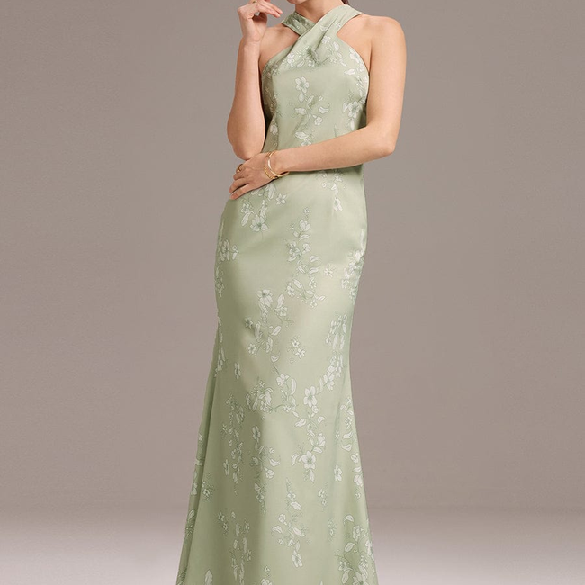 ever AZALEIA|Elegant Cross Halter Neck Floral Satin Bridesmaid Dress with Bow Back-gallery-33287884832842