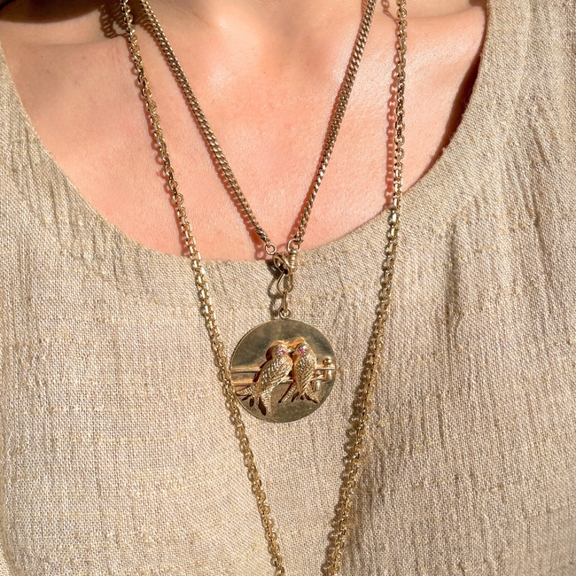 Vintage 14K gold Midcentury Tiffany & Co Lovebirds medallion with rubies-gallery-49155804692795