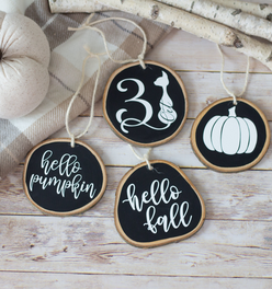 Fall Home Decor Ornaments Set of 4 | Halloween Fall Tiered Tray Decor - Black White Wood Slices