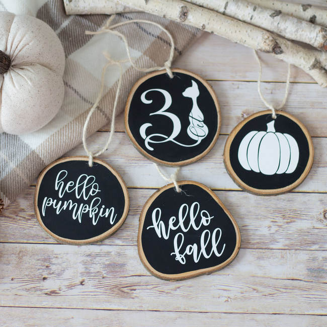 Fall Home Decor Ornaments Set of 4 | Halloween Fall Tiered Tray Decor - Black White Wood Slices-gallery-14526631215174