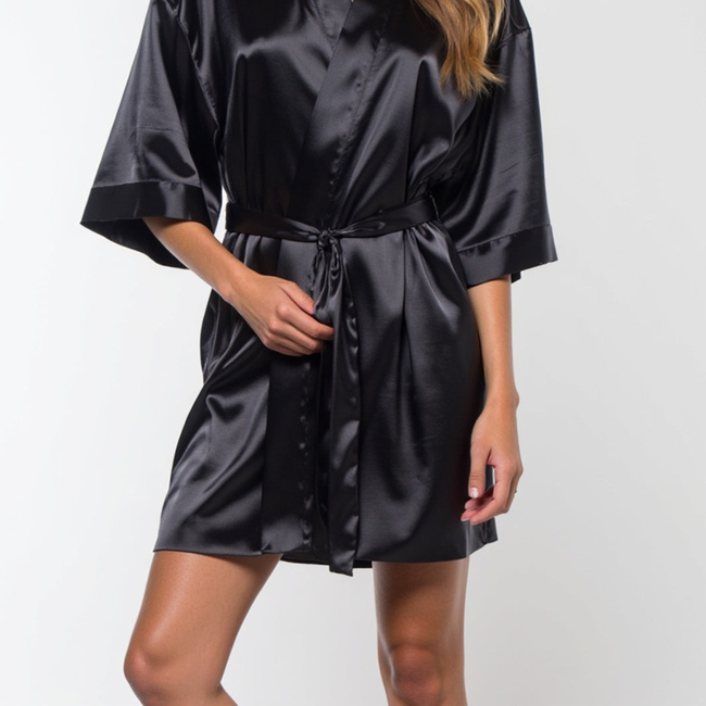 Black Satin Kimono Short Robe-gallery-48517567152387