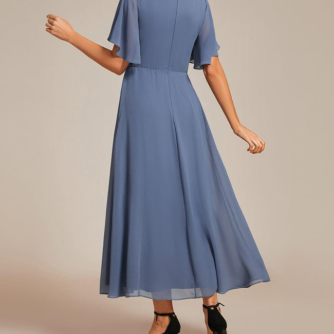 ever DAHLIA|Floral Applique Short Sleeve V-Neck Chiffon Bridesmaid Dress-gallery-32687590867018