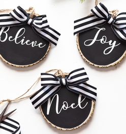 Christmas Ornaments Set Believe Joy Noel Black White - Set of 3 with Gift Box
