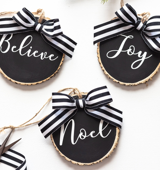 Christmas Ornaments Set Believe Joy Noel Black White - Set of 3 with Gift Box
