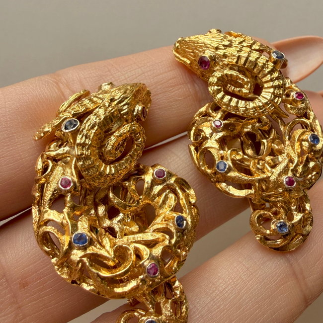 Vintage circa 1960s yellow 18K approx .6ctw sapphire and ruby ram clip statement earrings-gallery-56906658939195