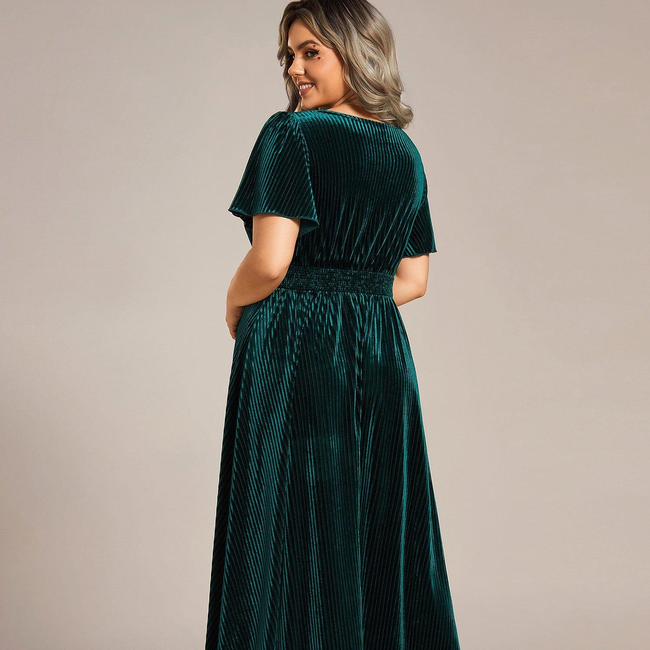 ever AZALEA|Graceful V-Neck Waist Design Short Sleeves Fall Velvet Midi Wedding Guest Dress-gallery-30251464261706