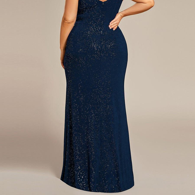 pretty NOIRE|Plus Size Glitter V-Neck High Slit Sequin Shoulder Strap Evening Dress-gallery-32647844692042