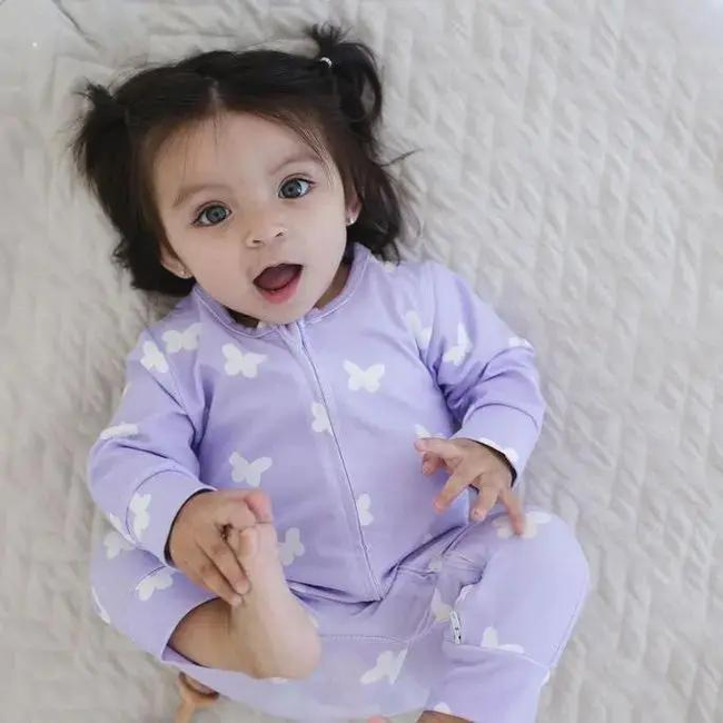 Lilac Flutter Zipped Onesie (0–12 Months) – 100% Cotton Muslin Baby Sleepwear-gallery-46604602704105