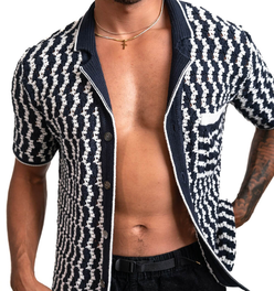 Crochet Button-Up Shirt | Organic Cashmere Cotton Blend | Navy & White