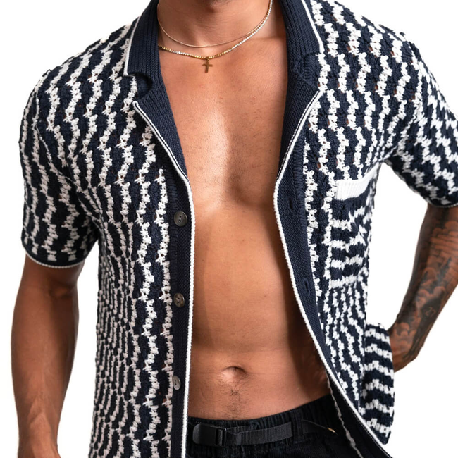 Crochet Button-Up Shirt | Organic Cashmere Cotton Blend | Navy & White-gallery-40467444465821