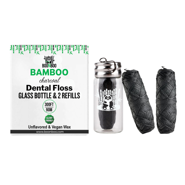 BOONBOO Dental Floss | Refillable Glass Bottle + 3 Threads | Total 300FT/90M | Bamboo Charcoal Woven-gallery-31410267029613